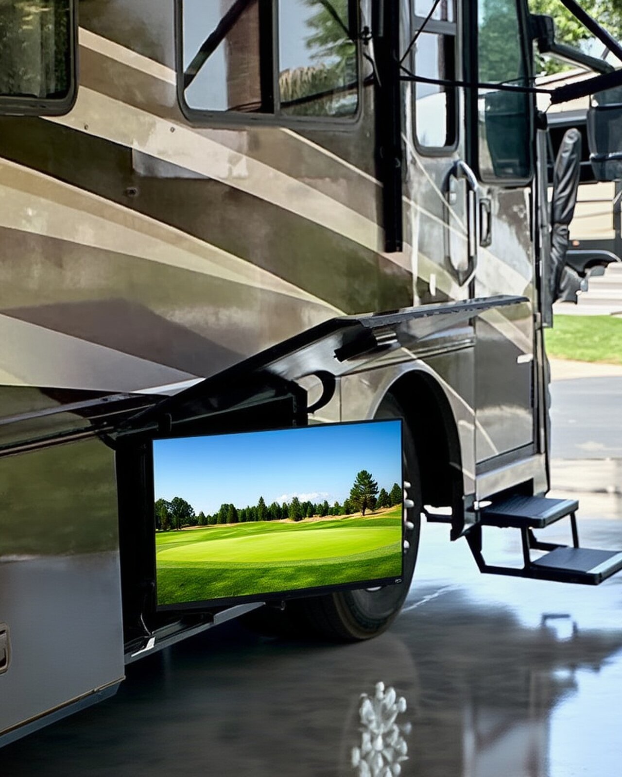 2004 Fleetwood Revolution 40C — Curbside view with outdoor TV deployed — Palm Desert CA