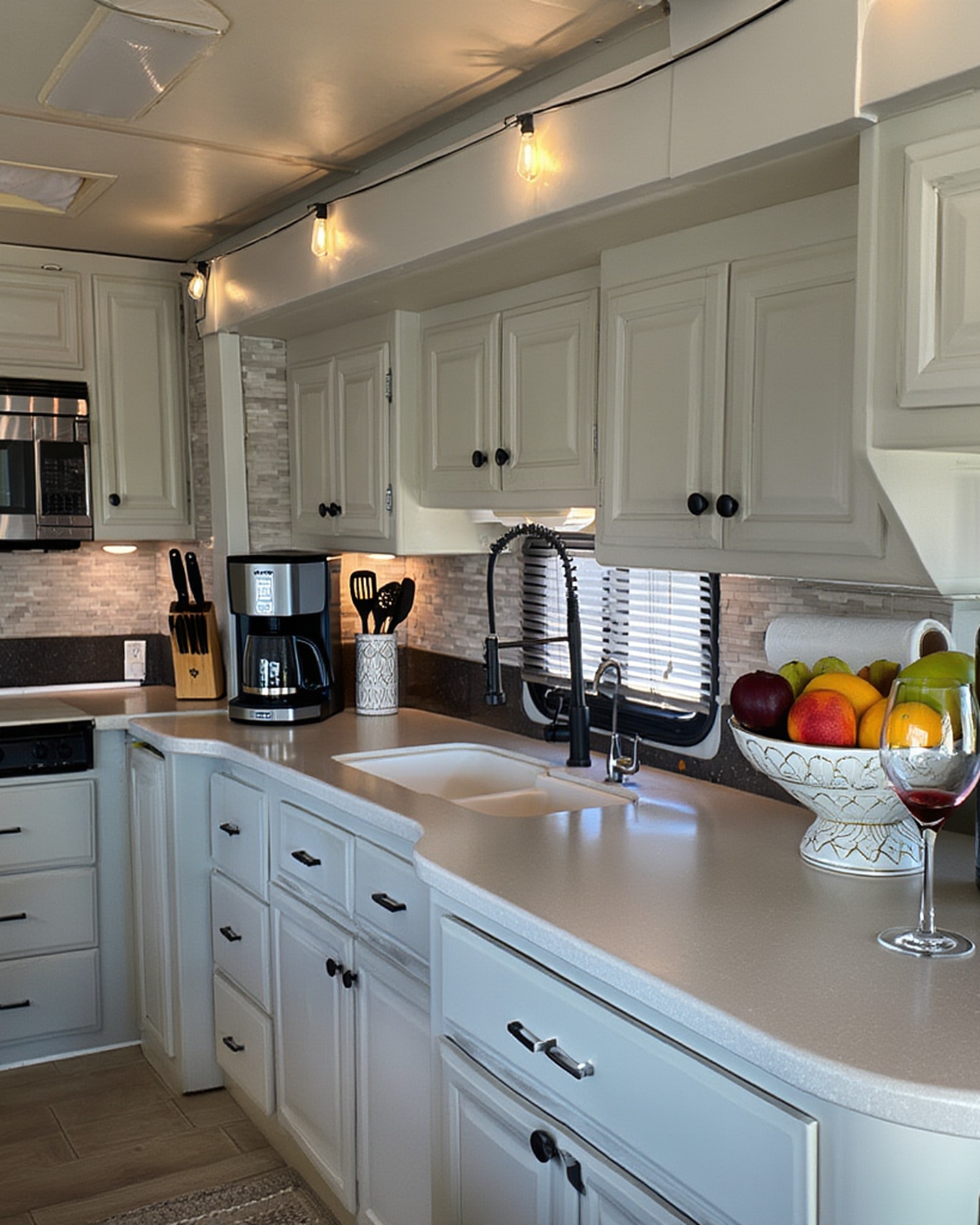 2004 Fleetwood Revolution 40C — galley with refreshed white cabinets and tile backsplash