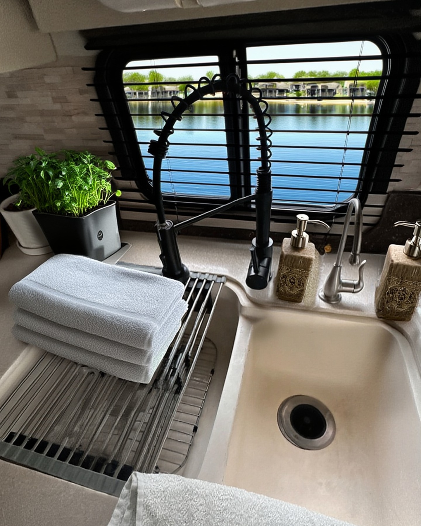 2004 Fleetwood Revolution 40C — Galley sink with pull-out sprayer and window — Palm Desert CA
