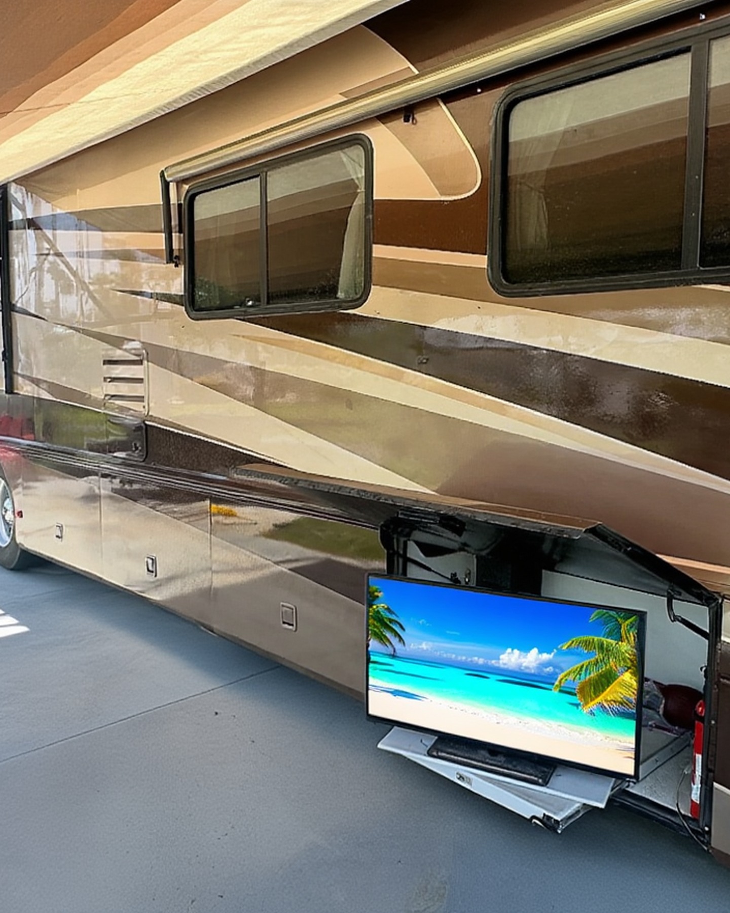 2004 Fleetwood Revolution 40C — Curbside view, alternate angle with TV out — Palm Desert CA