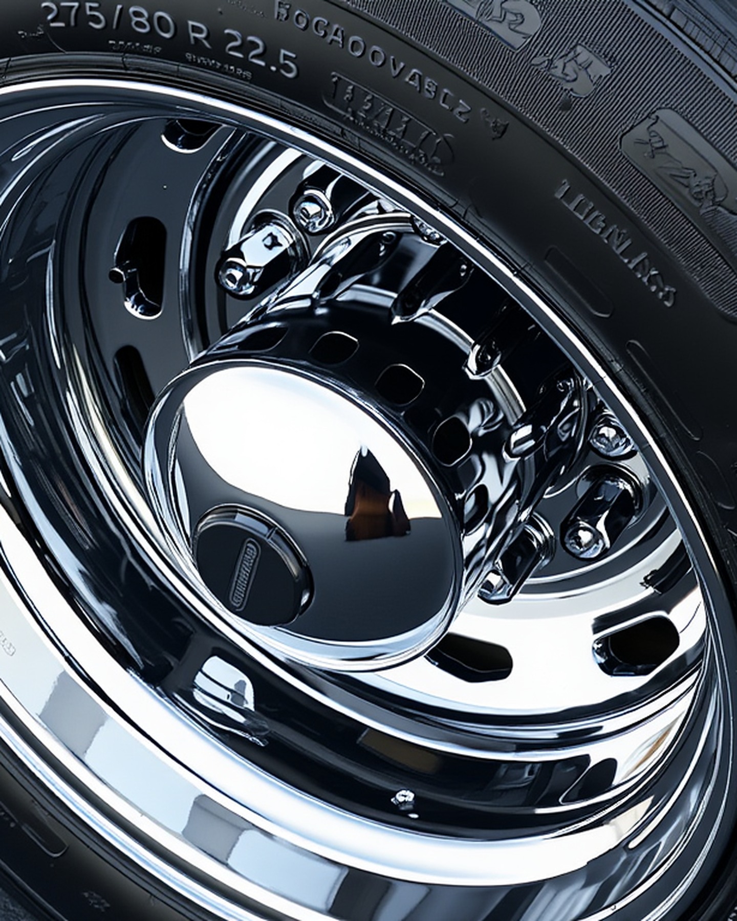 2004 Fleetwood Revolution 40C — Tire and chrome wheel closeup — Palm Desert CA